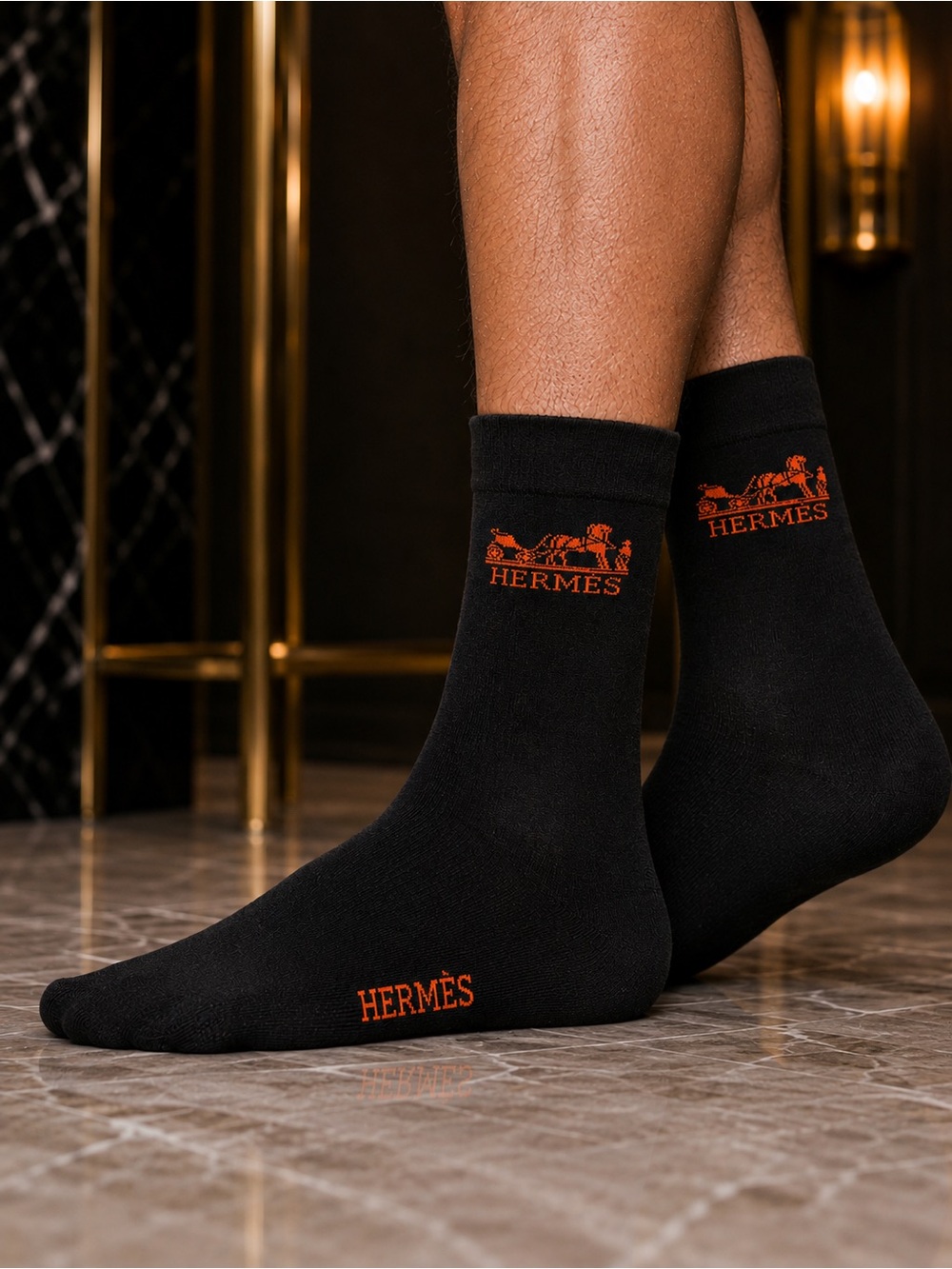 Hermes Black Socks with Orange Logo and Branding